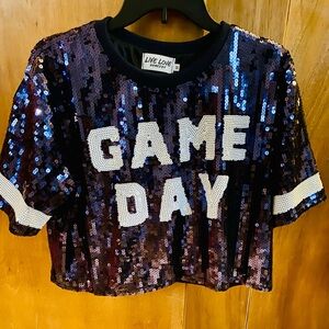 Live Love Sequin Game Day Top - Blue and White